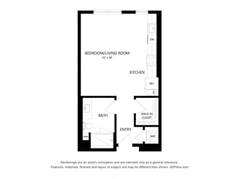 Floor plan for studio, 1 bath, 576 sqft
